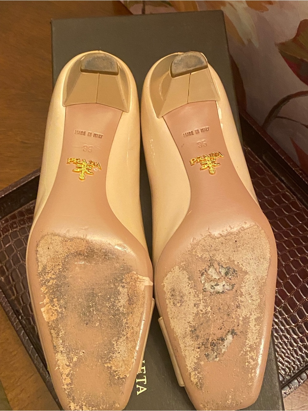Prada Milano Patent Leather Nude Low Heel Pumps w/Buckle, Sz. 35, Fair - Picture 8 of 13